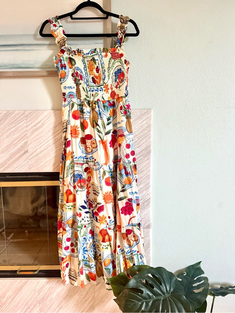 August Sky Paloma Smocked Maxi Dress - Cream with Multicolor Print NWOT